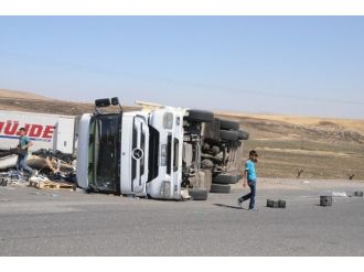 Virajı Alamayan Meyve Yüklü Tır Kaza Yaptı