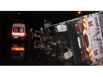 Kontrolden çıkan kamyon refrüje devrildi