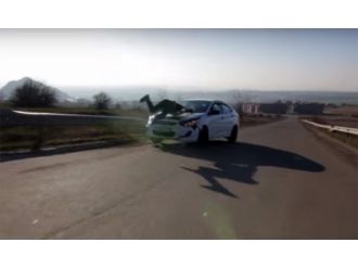 Kaykaylı şov otomobilin kaputunda bitti