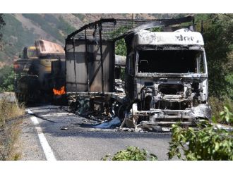 PKK’lı teröristler yol kesip TIR yaktı