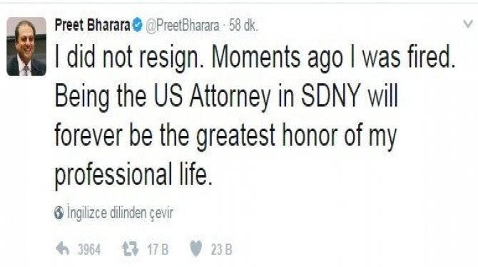 ABD’li savcı Preet Bharara görevden alındı