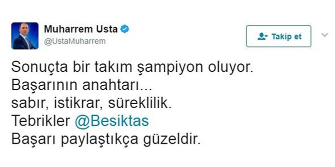 MUHARREM USTA, BEŞİKTAŞ’I TEBRİK ETTİ