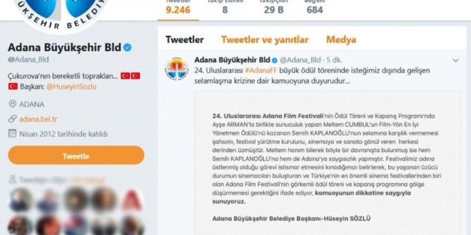 ADANA BÜYÜKŞEHİR BELEDİYESİ’NDEN MELTEM CUMBUL’A KINAMA