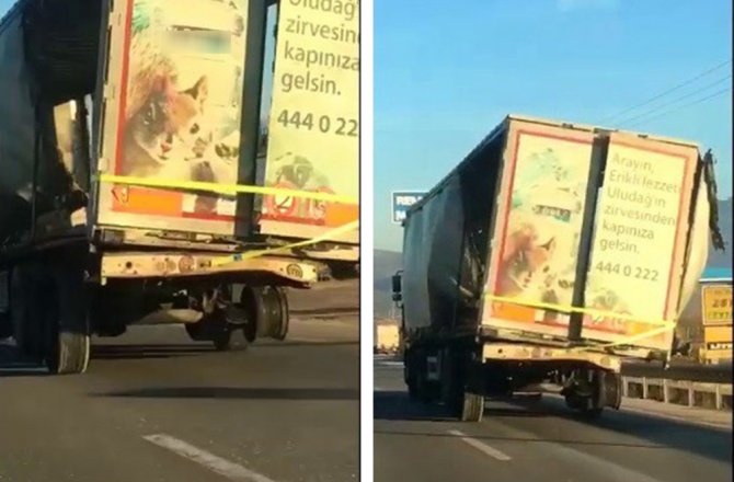 Lastiksiz yola devam eden tır korkuttu