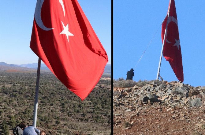 KÖYLÜLER AFRİN SINIRINA DEV TÜRK BAYRAĞI ASTI