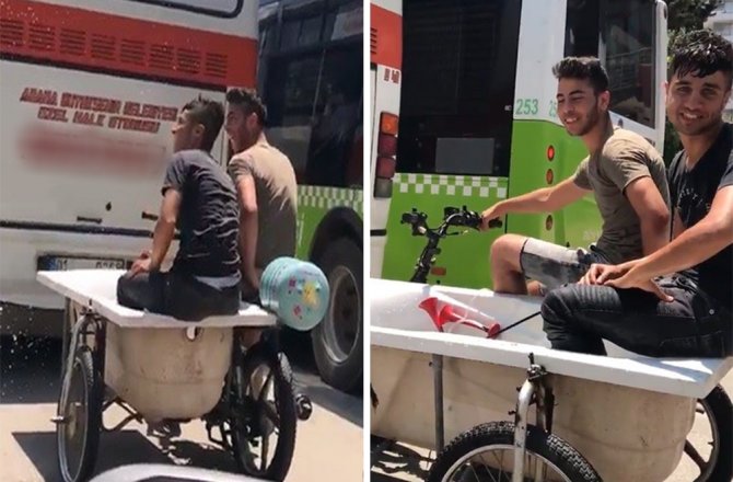 İÇİ SU DOLU KÜVETLE MOTOSİKLETTE YOLCULUK