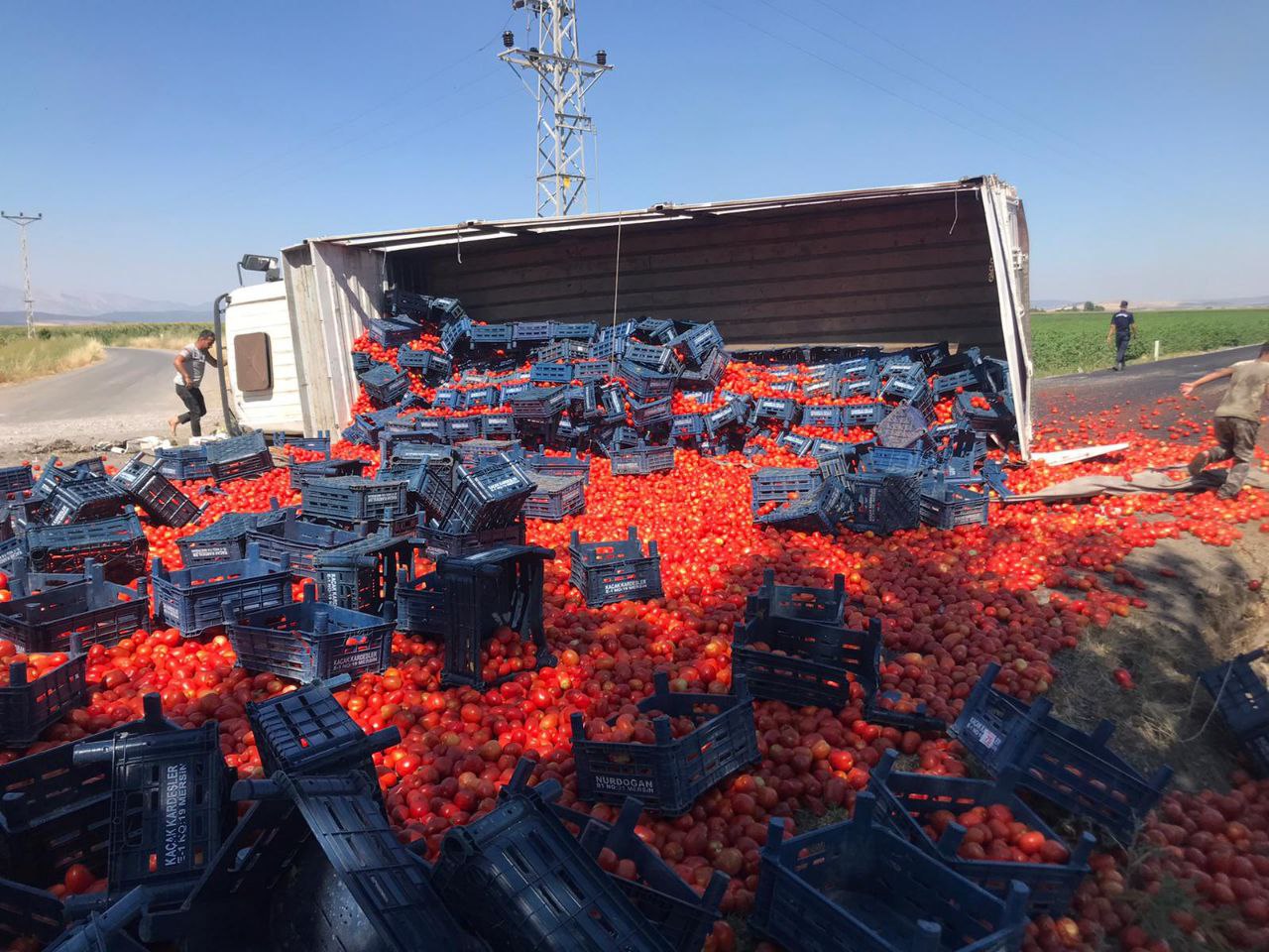 Kahramanmaraş’ta domates yüklü kamyon devrildi