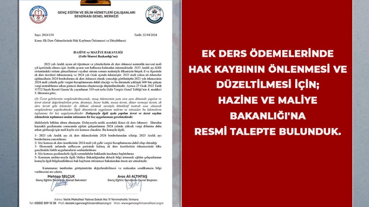 Genç Eğitim Sendikası, Meb ve Hazine Bakanlığı'na İki Önemli Başvuru Yaptı