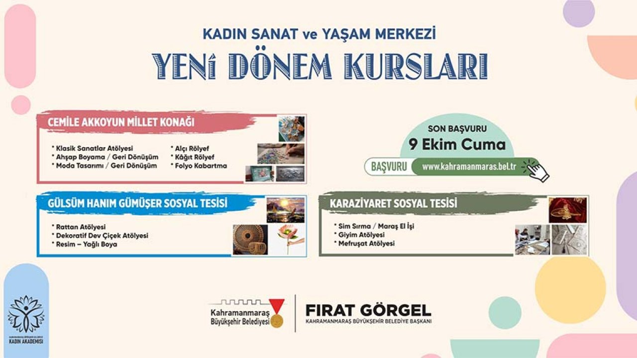 Kahramanmaraş’ta Kadın Sanat ve Yaşam Merkezi Atölyelerine Başvurular Başladı