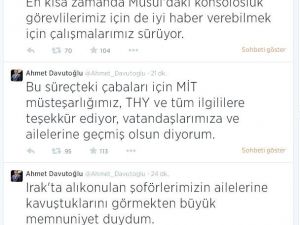 Dışişleri Bakanı Davutoğlu: “Irakta Alıkonulan Şoförlerimizin Ailelerine Kavuştuklarını Görmekten Büyük Memnuniyet Duydum”
