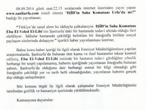Işid Komutanının Şanlıurfada Tedavi Edildiği İddialarına Yalanlama