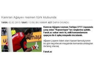 Kaleci Agayev Transferi Azeri Basınında Geniş Yer Buldu