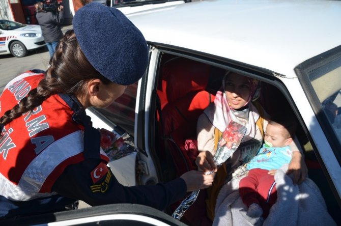 Jandarma kadın sürücü ve yolculara karanfil dağıttı